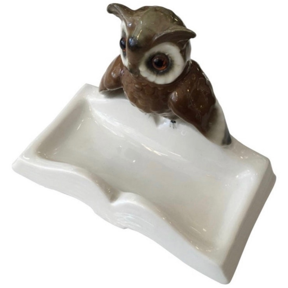 Hand Painted Figurine Porcelain Owl on Book Ring Tray, Germany